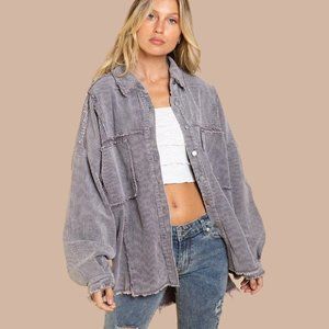 Look Effortlessly Boho Chic POL Grey Violet Corduroy Shirt Jacket Shacket